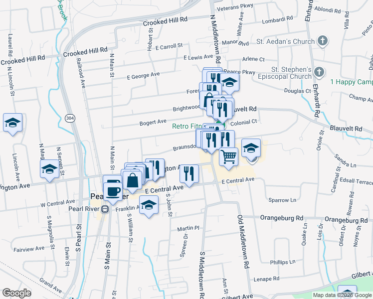map of restaurants, bars, coffee shops, grocery stores, and more near 155 Braunsdorf Road in Pearl River