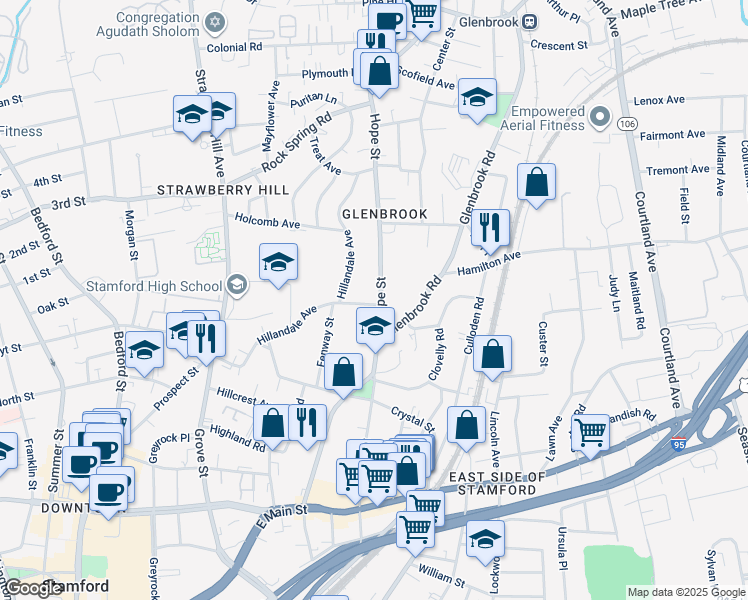 map of restaurants, bars, coffee shops, grocery stores, and more near 38 Hope Street in Stamford