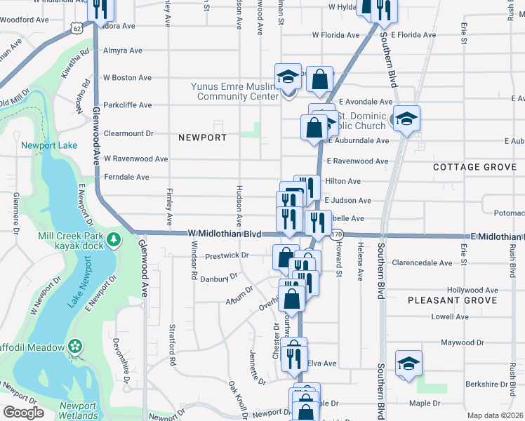 map of restaurants, bars, coffee shops, grocery stores, and more near 332 Mistletoe in Youngstown