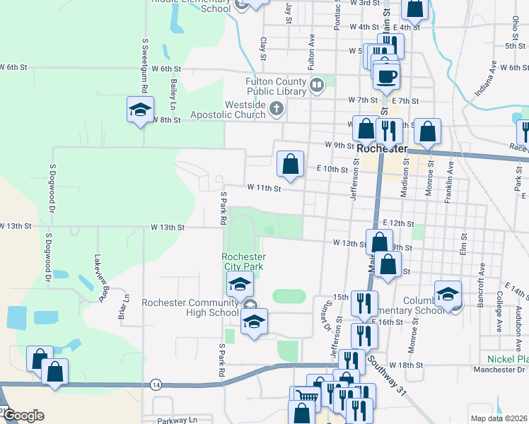map of restaurants, bars, coffee shops, grocery stores, and more near 600 West 12th Street in Rochester