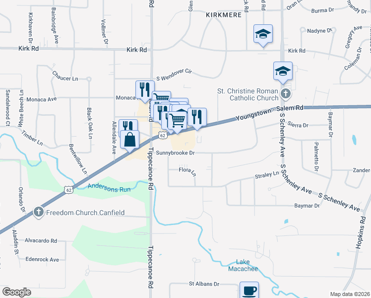 map of restaurants, bars, coffee shops, grocery stores, and more near 3307 Canfield Road in Youngstown