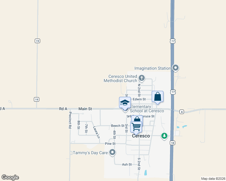 map of restaurants, bars, coffee shops, grocery stores, and more near 116 3rd Street in Ceresco
