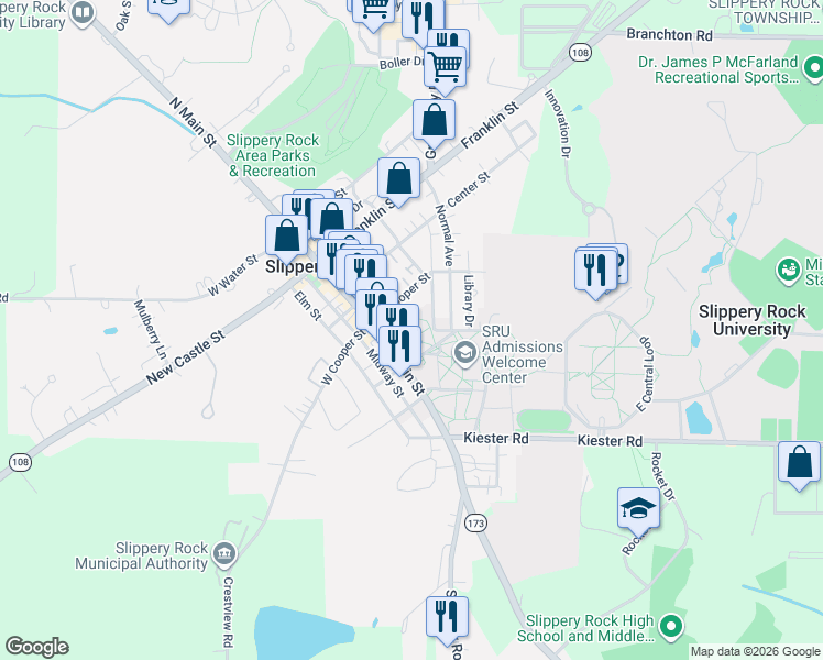 map of restaurants, bars, coffee shops, grocery stores, and more near 105 Maltby Avenue in Slippery Rock