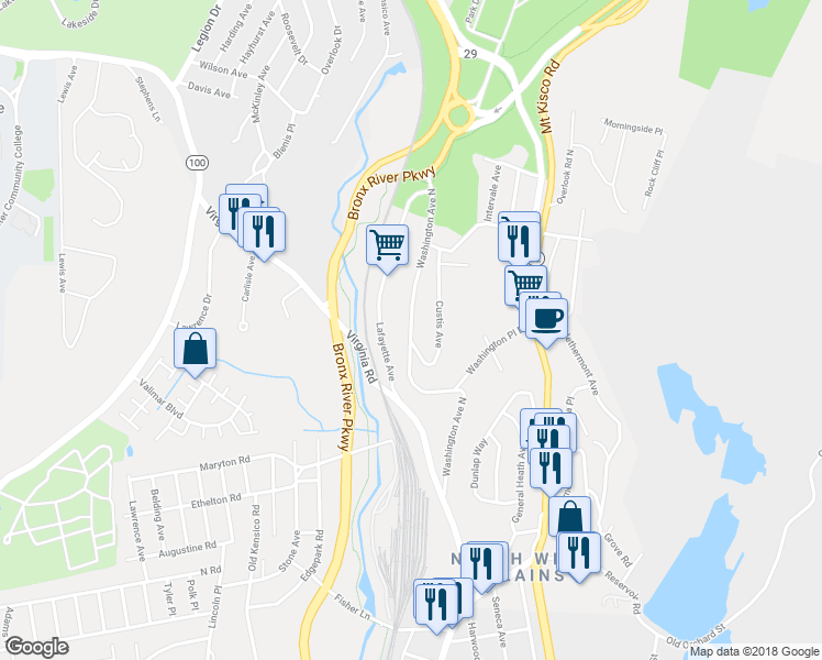 map of restaurants, bars, coffee shops, grocery stores, and more near 94 Washington Avenue North in White Plains