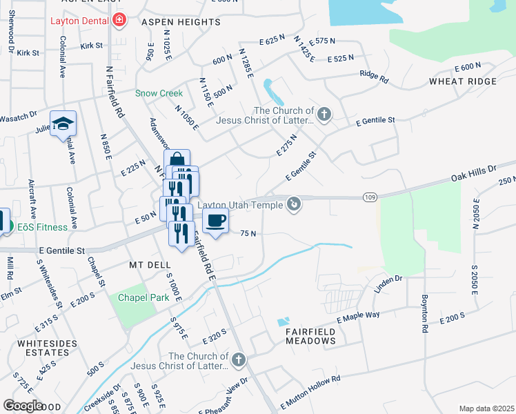 map of restaurants, bars, coffee shops, grocery stores, and more near in Layton