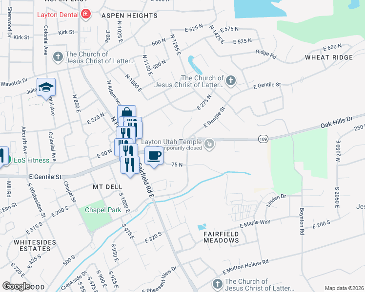 map of restaurants, bars, coffee shops, grocery stores, and more near in Layton