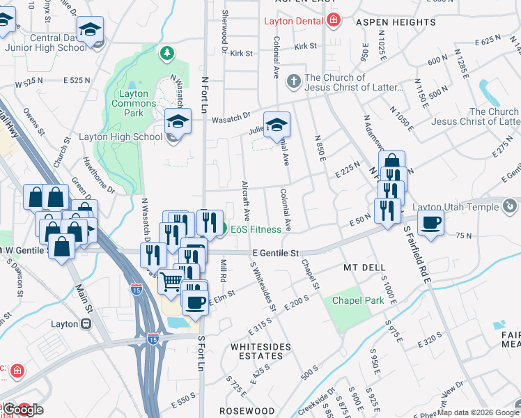 map of restaurants, bars, coffee shops, grocery stores, and more near 109 Beacon Avenue in Layton