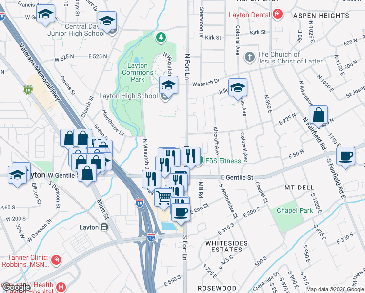 map of restaurants, bars, coffee shops, grocery stores, and more near 155 North Fort Lane in Layton