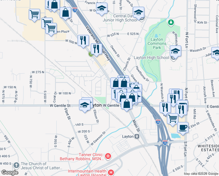 map of restaurants, bars, coffee shops, grocery stores, and more near 175 North Main Street in Layton
