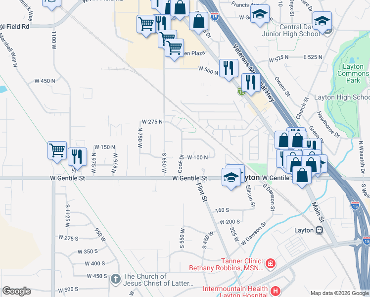 map of restaurants, bars, coffee shops, grocery stores, and more near 571 West 175 North in Layton