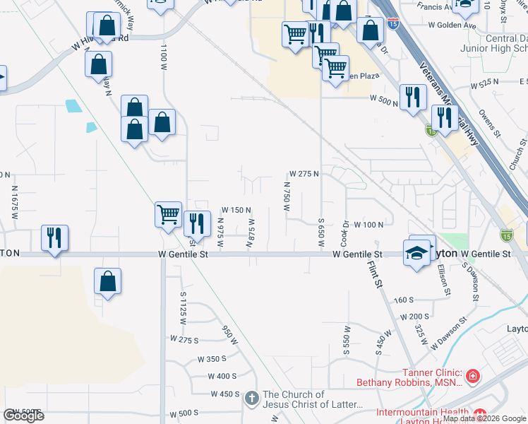 map of restaurants, bars, coffee shops, grocery stores, and more near 880 West 150 North in Layton