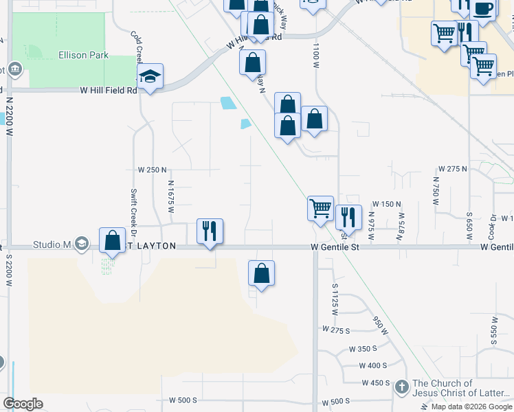 map of restaurants, bars, coffee shops, grocery stores, and more near 1248 West Gentile Street in Layton