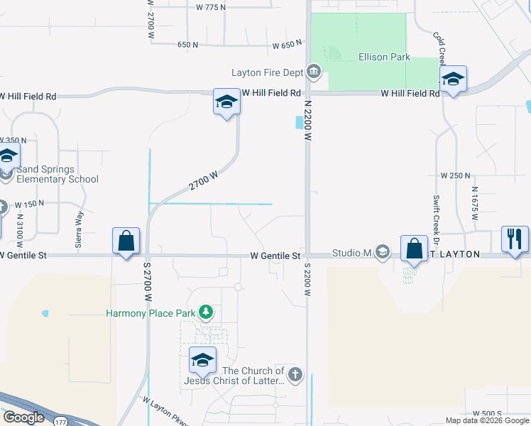 map of restaurants, bars, coffee shops, grocery stores, and more near 2302 West Van Drimmelen Drive in Layton