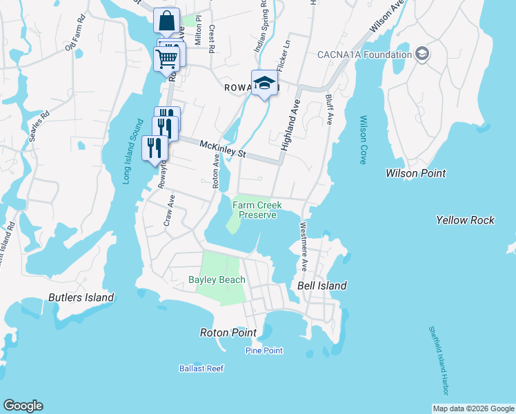 map of restaurants, bars, coffee shops, grocery stores, and more near 17 Sammis Street in Norwalk
