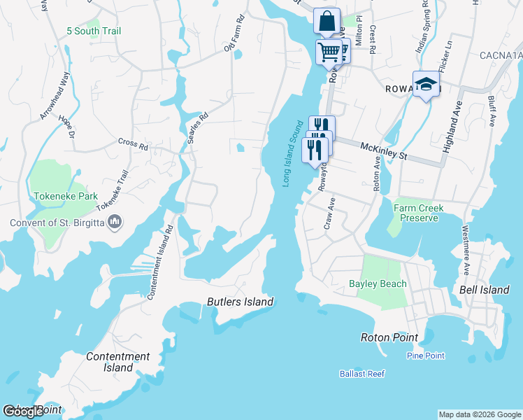 map of restaurants, bars, coffee shops, grocery stores, and more near 135 5 Mile River Road in Darien