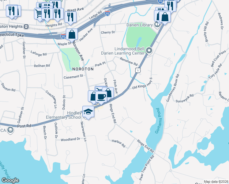 map of restaurants, bars, coffee shops, grocery stores, and more near 30 Dickinson Road in Darien