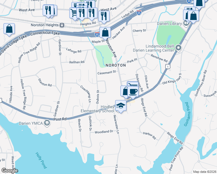 map of restaurants, bars, coffee shops, grocery stores, and more near 11 Patricia Lane in Darien
