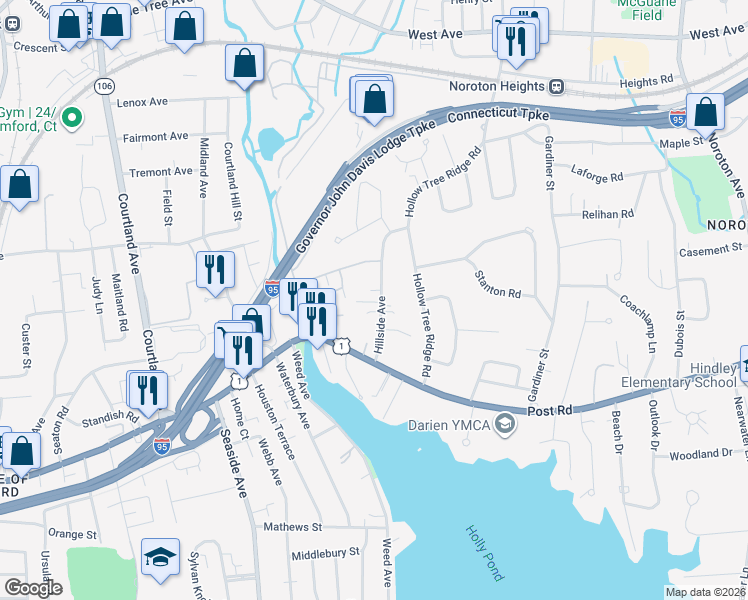 map of restaurants, bars, coffee shops, grocery stores, and more near 31 Hillside Avenue in Darien