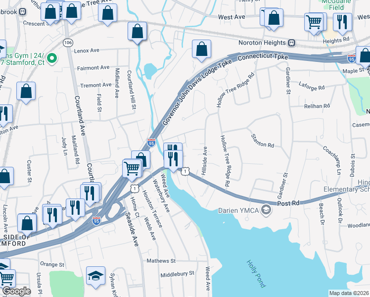 map of restaurants, bars, coffee shops, grocery stores, and more near 23 Anthony Lane in Darien