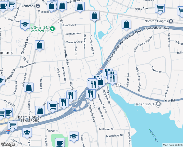 map of restaurants, bars, coffee shops, grocery stores, and more near 326 Hamilton Avenue in Stamford
