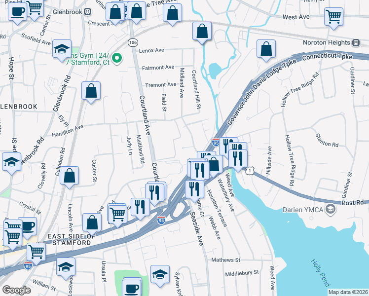 map of restaurants, bars, coffee shops, grocery stores, and more near 29 Hamilton Court in Stamford