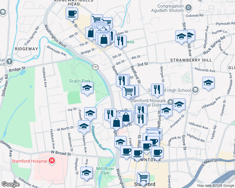 map of restaurants, bars, coffee shops, grocery stores, and more near 38 Woodside Street in Stamford