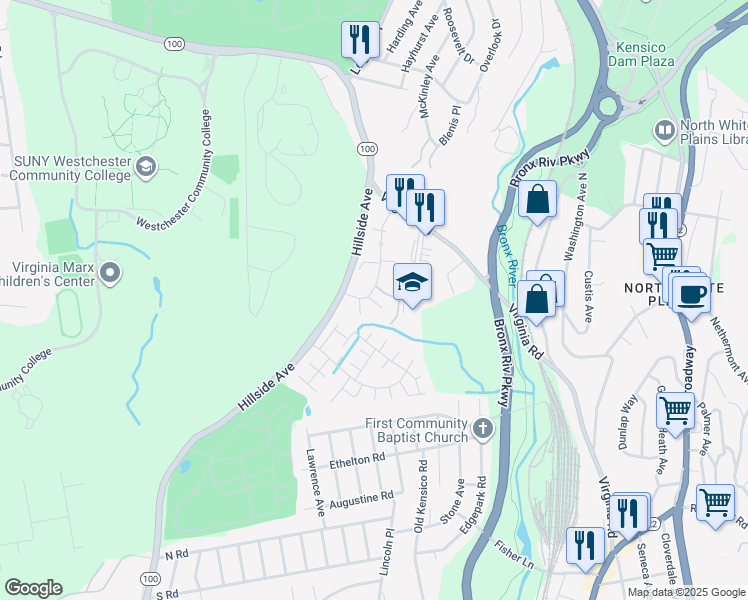 map of restaurants, bars, coffee shops, grocery stores, and more near 54 Lawrence Drive in White Plains