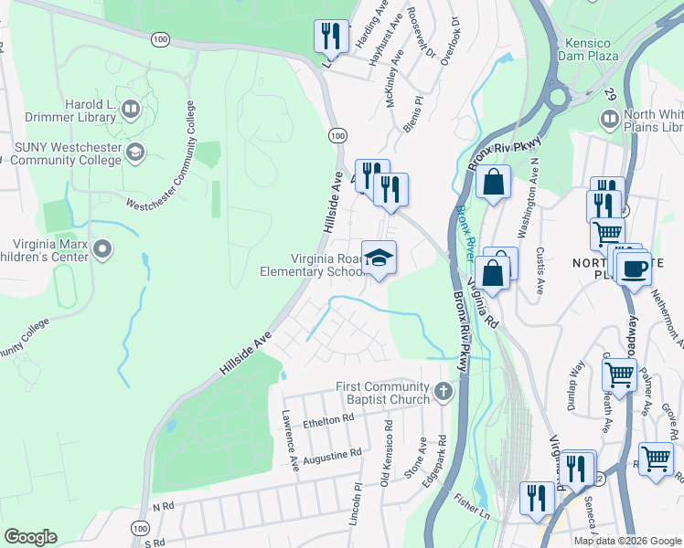 map of restaurants, bars, coffee shops, grocery stores, and more near 54 Lawrence Drive in White Plains