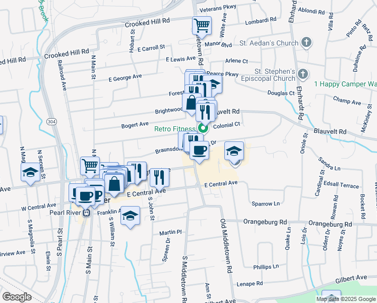 map of restaurants, bars, coffee shops, grocery stores, and more near 82 North Middletown Road in Pearl River