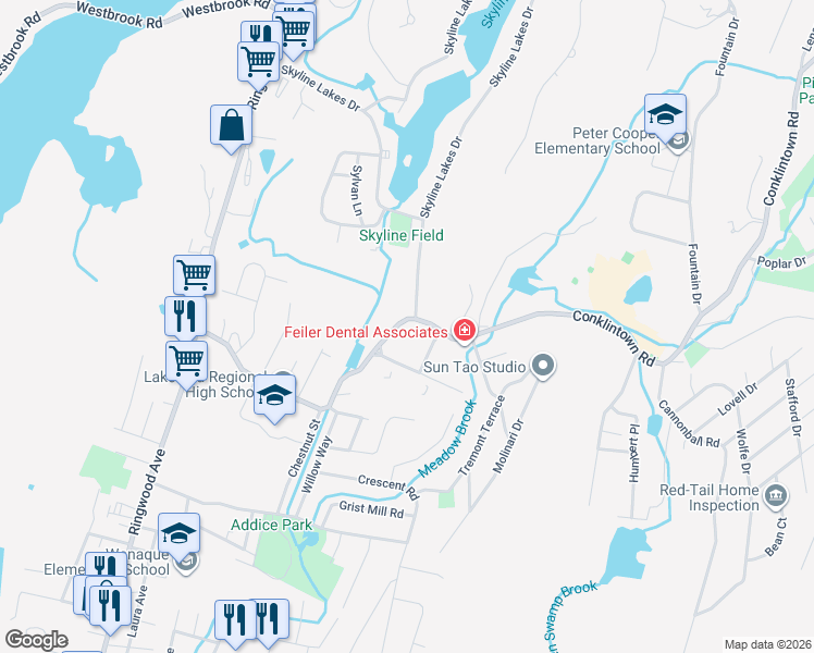 map of restaurants, bars, coffee shops, grocery stores, and more near 140 Conklintown Road in Ringwood