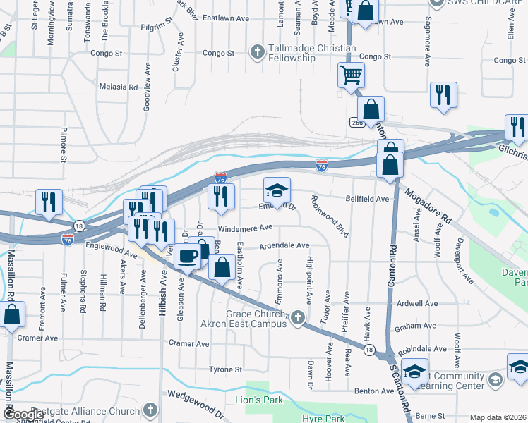map of restaurants, bars, coffee shops, grocery stores, and more near 2265 Emerald Drive in Akron