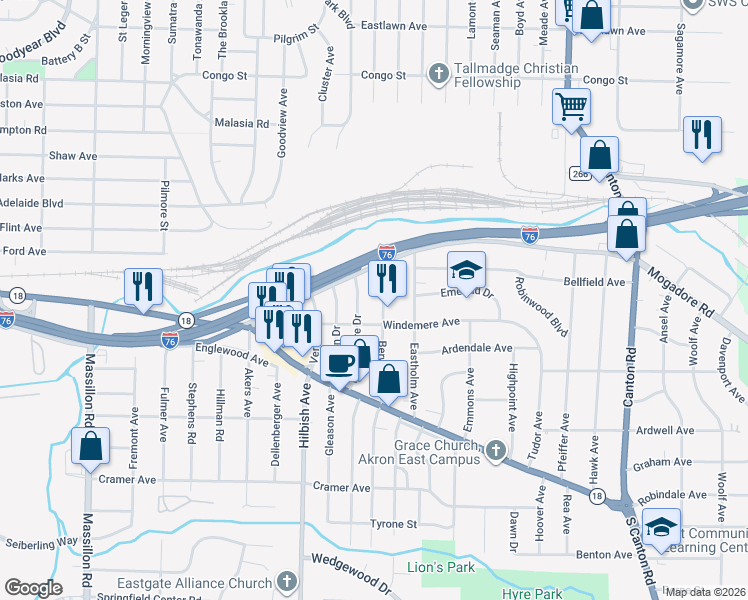 map of restaurants, bars, coffee shops, grocery stores, and more near 31 Berwyck Drive in Akron