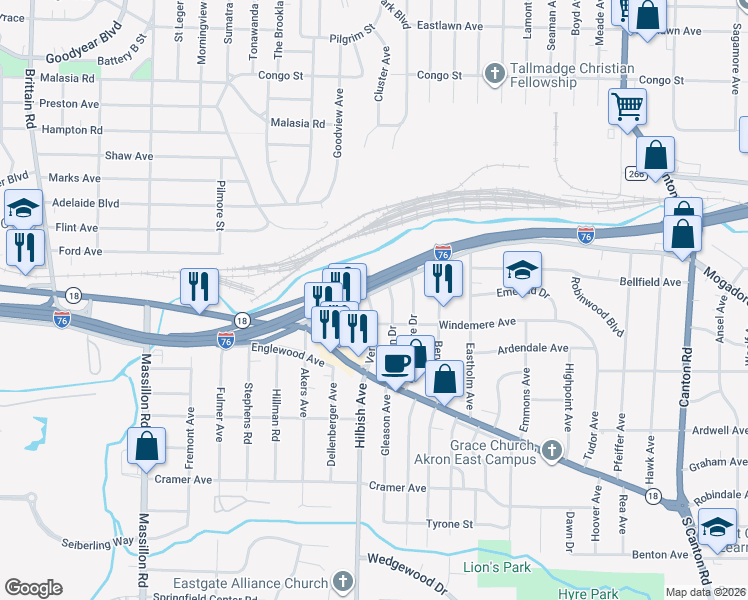 map of restaurants, bars, coffee shops, grocery stores, and more near 11 Verdun Drive in Akron