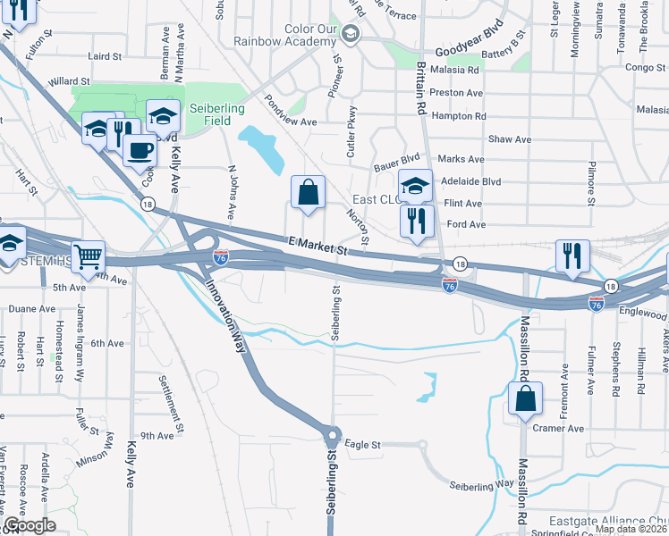 map of restaurants, bars, coffee shops, grocery stores, and more near 1554 East Market Street in Akron