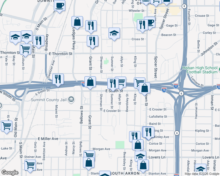 map of restaurants, bars, coffee shops, grocery stores, and more near 335 Sumner Street in Akron