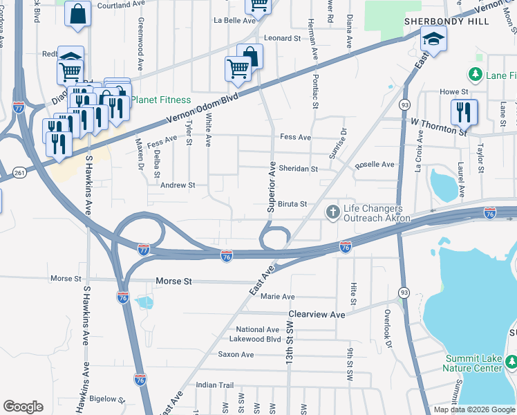 map of restaurants, bars, coffee shops, grocery stores, and more near 867 Biruta Street in Akron