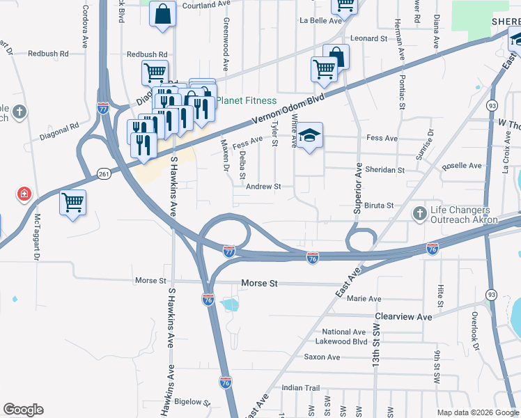 map of restaurants, bars, coffee shops, grocery stores, and more near 997 Biruta Street in Akron