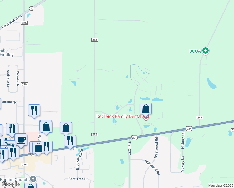 map of restaurants, bars, coffee shops, grocery stores, and more near 15100 Birchaven Lane in Findlay