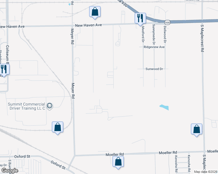 map of restaurants, bars, coffee shops, grocery stores, and more near 5125 Idlewood Drive in Fort Wayne