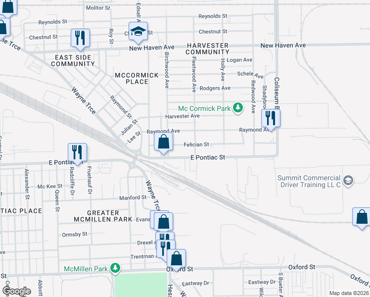 map of restaurants, bars, coffee shops, grocery stores, and more near 3323 Felician Street in Fort Wayne