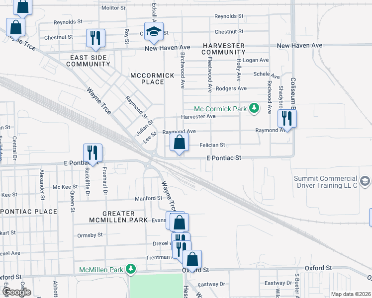 map of restaurants, bars, coffee shops, grocery stores, and more near 3209 Felician Street in Fort Wayne