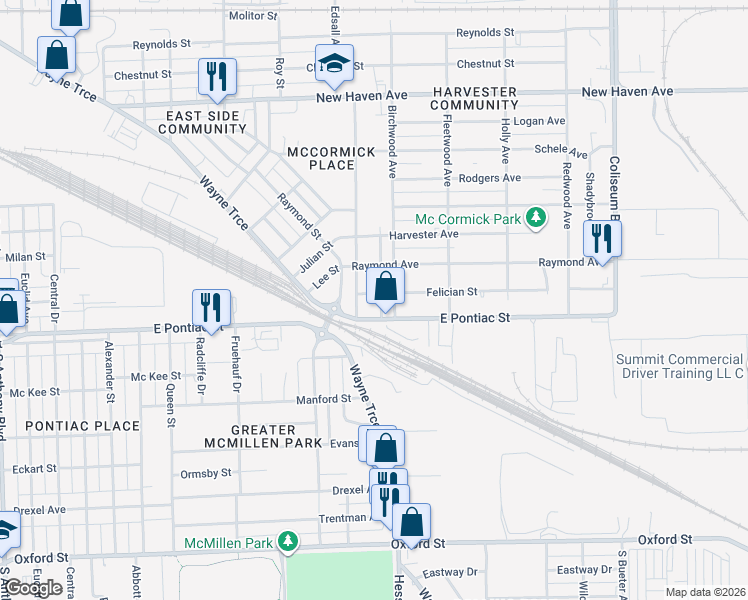 map of restaurants, bars, coffee shops, grocery stores, and more near 2500 Perth Street in Fort Wayne