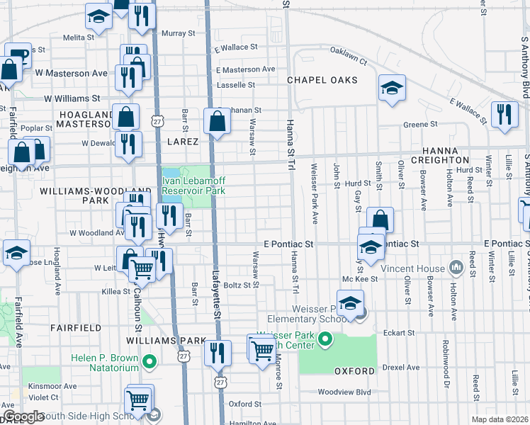 map of restaurants, bars, coffee shops, grocery stores, and more near 525 East Suttenfield Street in Fort Wayne