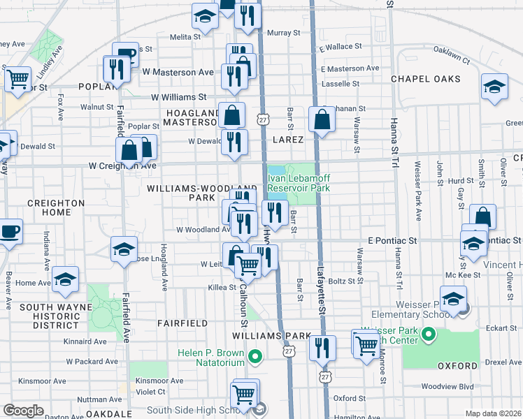 map of restaurants, bars, coffee shops, grocery stores, and more near 121 East Suttenfield Street in Fort Wayne