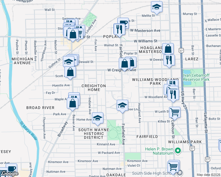 map of restaurants, bars, coffee shops, grocery stores, and more near 2425 South Wayne Avenue in Fort Wayne