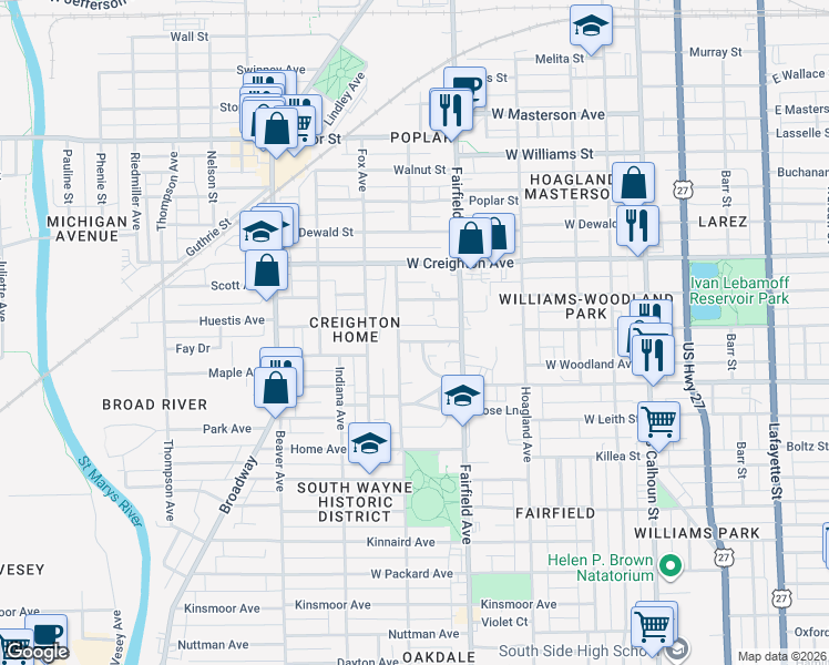 map of restaurants, bars, coffee shops, grocery stores, and more near 2425 South Wayne Avenue in Fort Wayne
