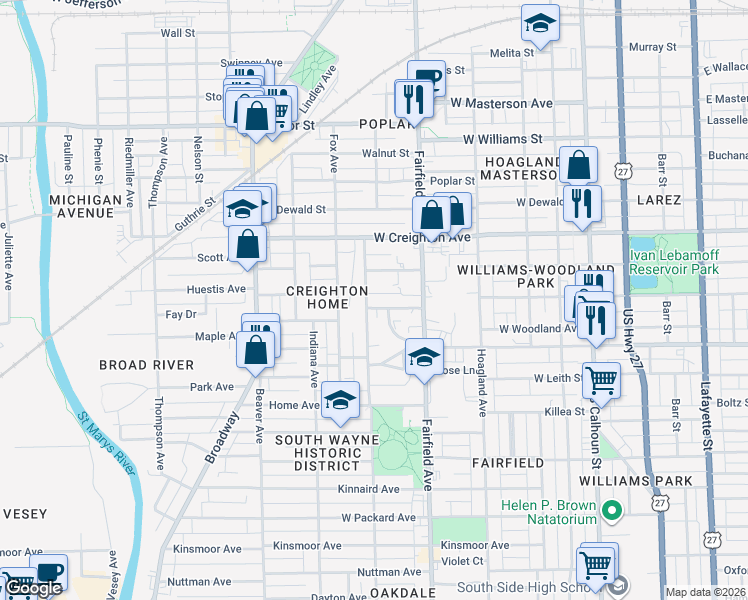 map of restaurants, bars, coffee shops, grocery stores, and more near 2423 South Wayne Avenue in Fort Wayne