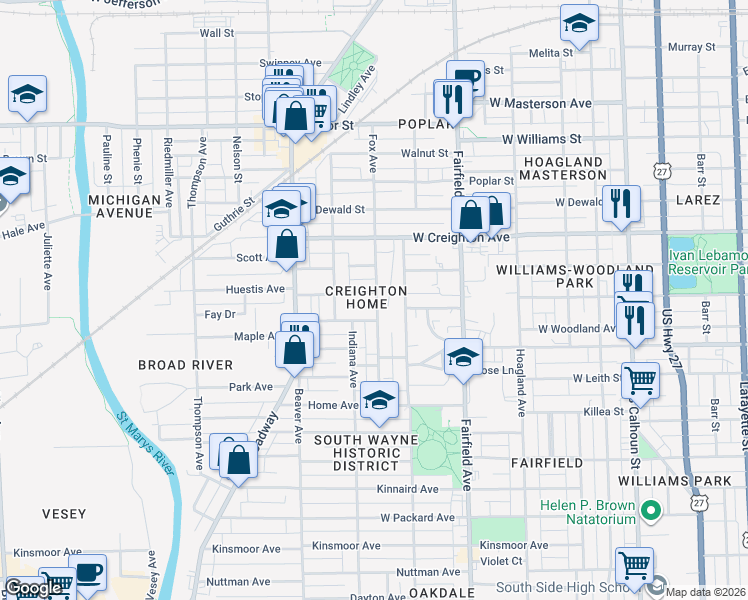 map of restaurants, bars, coffee shops, grocery stores, and more near in Fort Wayne