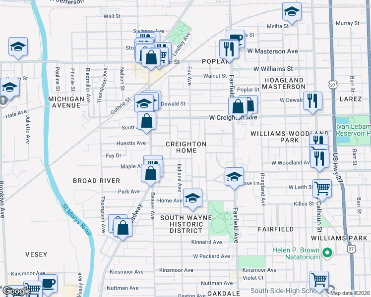map of restaurants, bars, coffee shops, grocery stores, and more near 804 Huestis Avenue in Fort Wayne