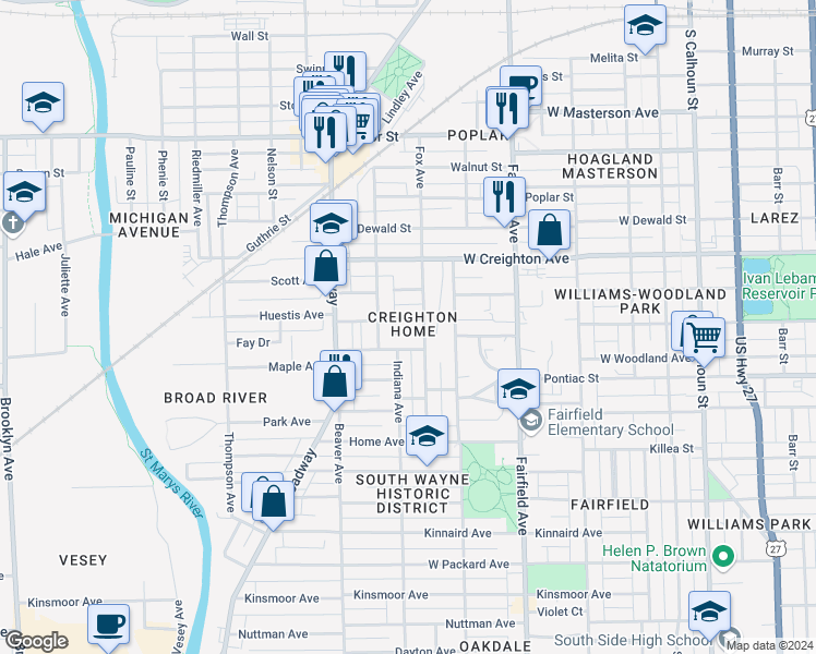 map of restaurants, bars, coffee shops, grocery stores, and more near in Fort Wayne